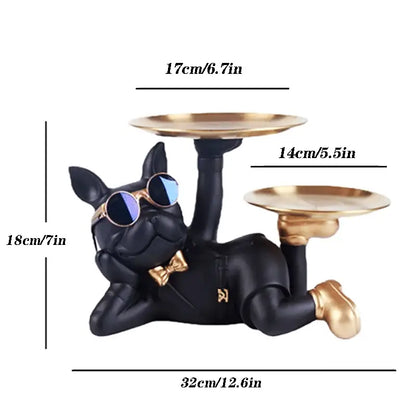Black bulldog desktop storage statue office gold tray decor