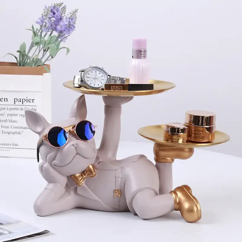 Black bulldog desktop storage statue office gold tray decor