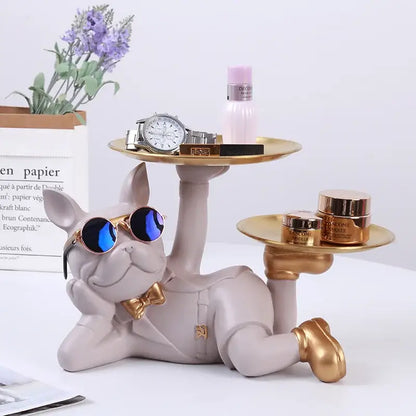 Black bulldog desktop storage statue office gold tray decor