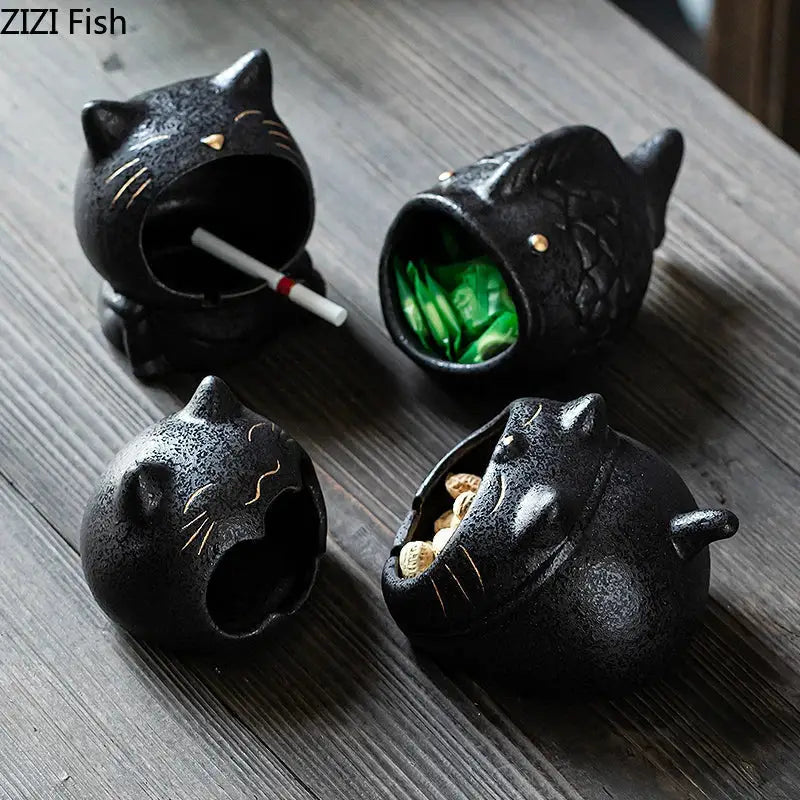 Black cartoon cat ceramic ashtray living room large capacity decor