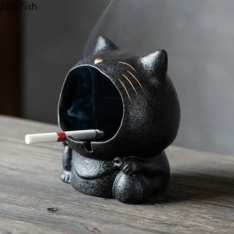Black cartoon cat ceramic ashtray living room large capacity decor