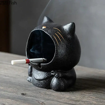 Black cartoon cat ceramic ashtray living room large capacity decor