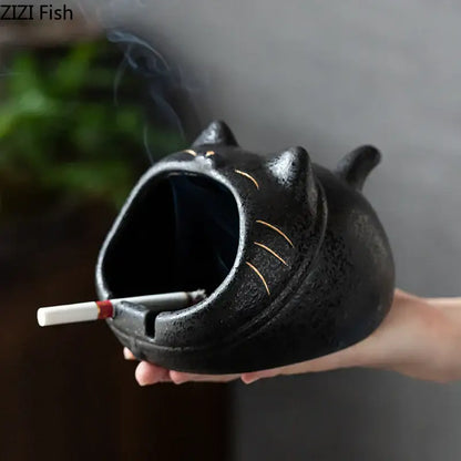 Black cartoon cat ceramic ashtray living room large capacity decor