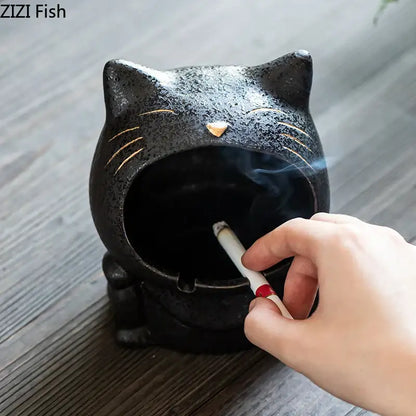 Black cartoon cat ceramic ashtray living room large capacity decor