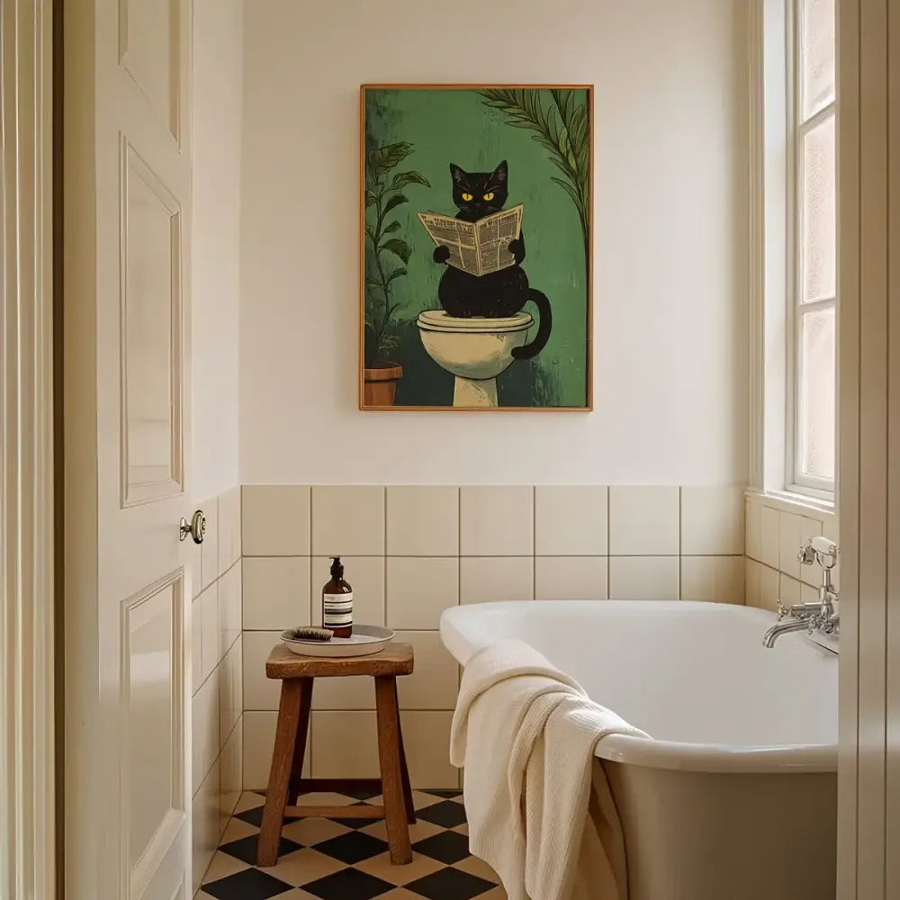 Whimsical green black cat bathroom wall art framed prints set of 3