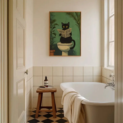 Whimsical green black cat bathroom wall art framed prints set of 3