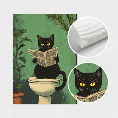 Whimsical green black cat bathroom wall art framed prints set of 3