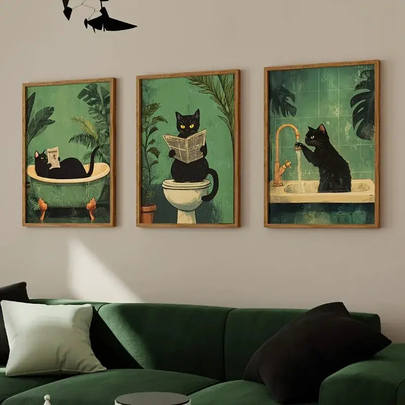 Whimsical green black cat bathroom wall art framed prints set of 3
