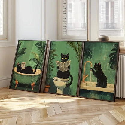 Whimsical green black cat bathroom wall art framed prints set of 3