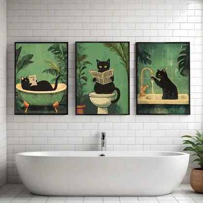 Whimsical green black cat bathroom wall art framed prints set of 3