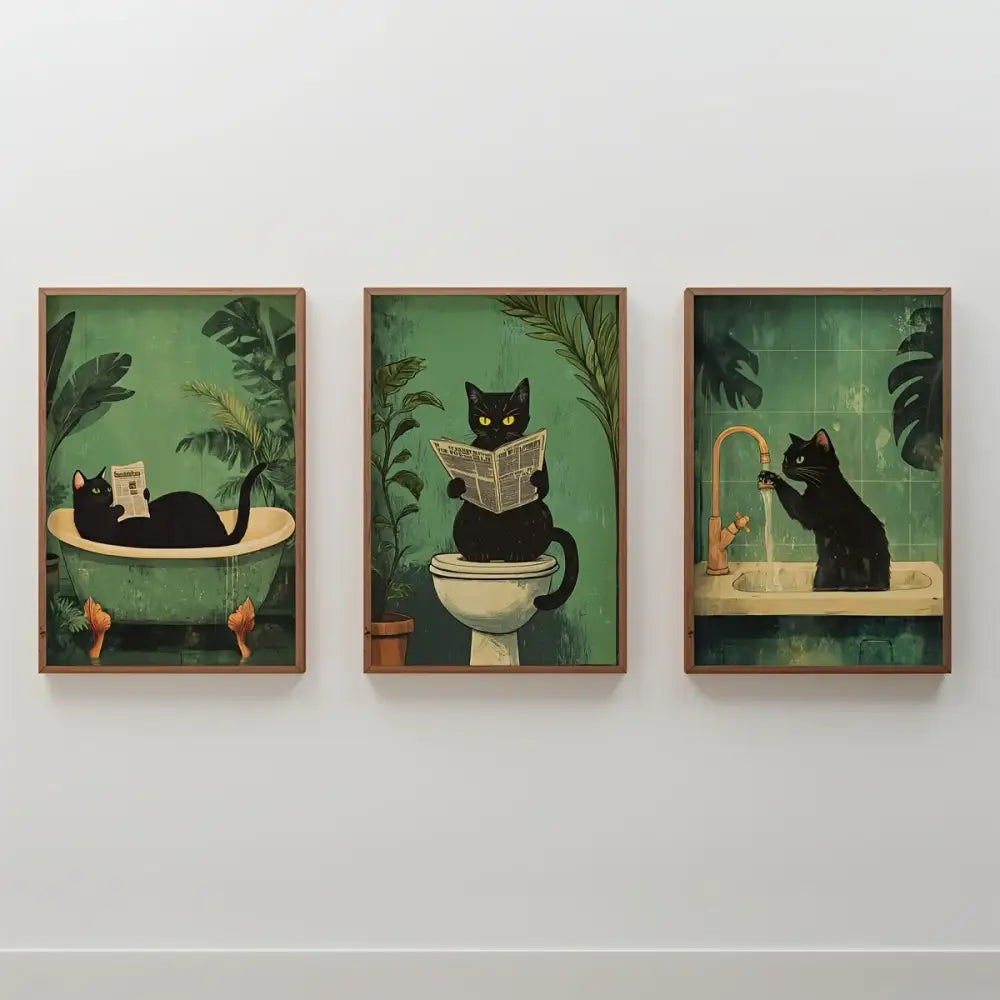 Whimsical green black cat bathroom wall art framed prints set of 3