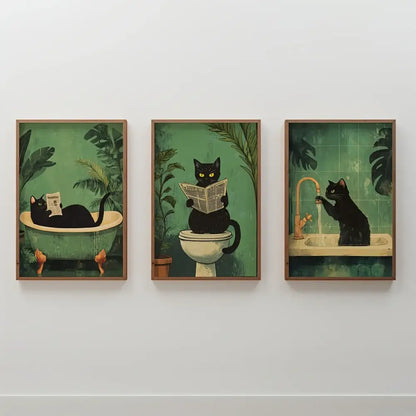 Whimsical green black cat bathroom wall art framed prints set of 3