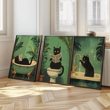 Whimsical green black cat bathroom wall art framed prints set of 3