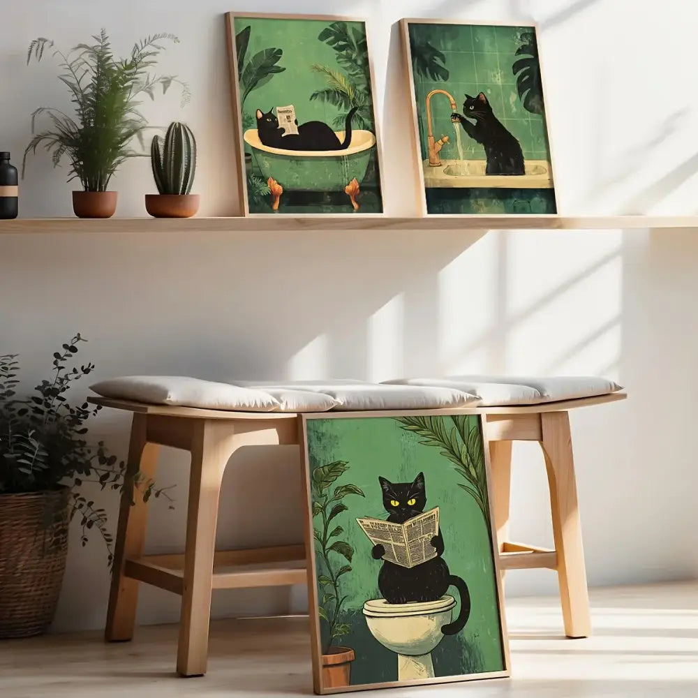 Whimsical green black cat bathroom wall art framed prints set of 3