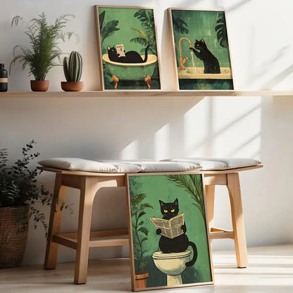 Whimsical green black cat bathroom wall art framed prints set of 3