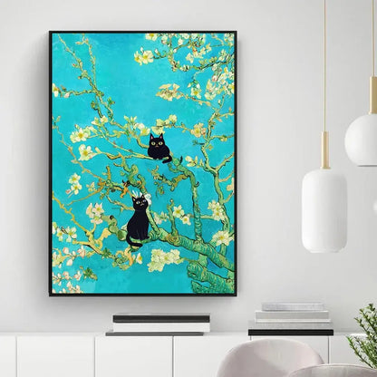 Black cat sunflower canvas wall art living room decor