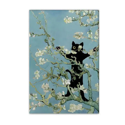 Black cat sunflower canvas wall art living room decor