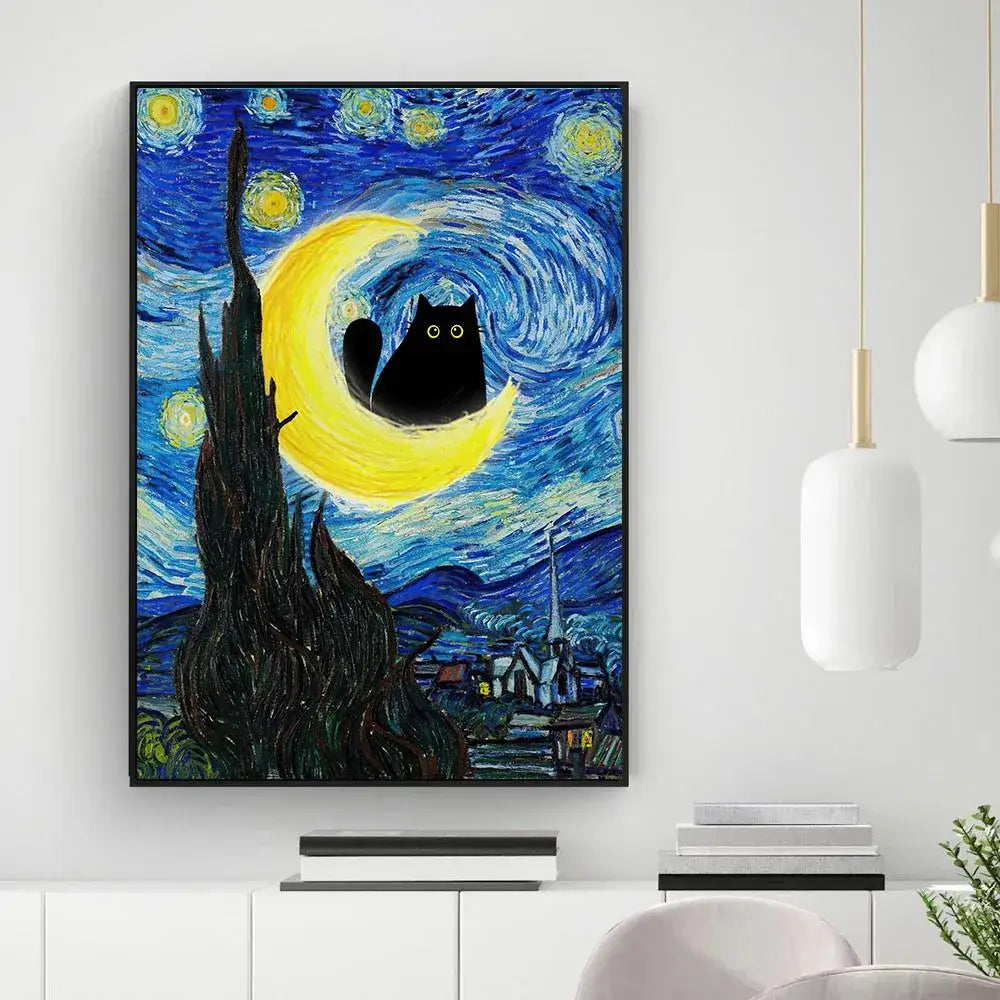 Black cat sunflower canvas wall art living room decor