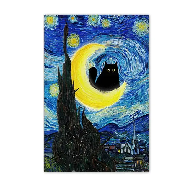 Black cat sunflower canvas wall art living room decor