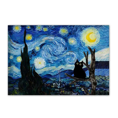 Black cat sunflower canvas wall art living room decor
