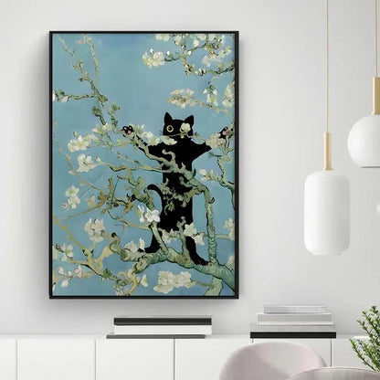 Black cat sunflower canvas wall art living room decor