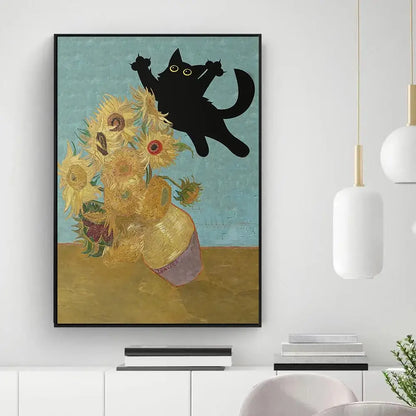 Black cat sunflower canvas wall art living room decor