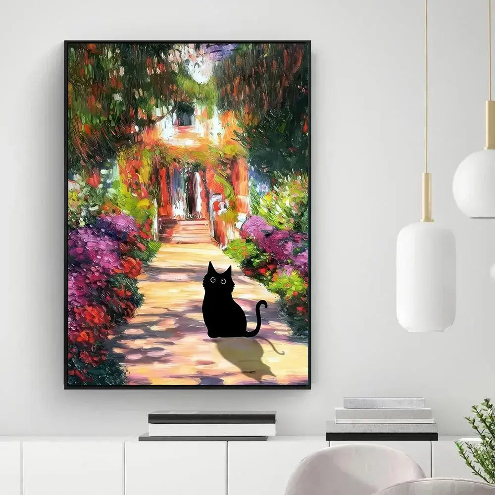 Black cat sunflower canvas wall art living room decor