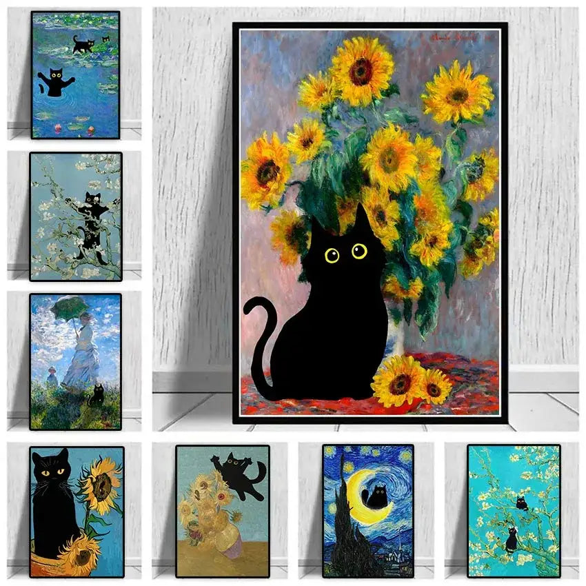 Black cat sunflower canvas wall art living room decor