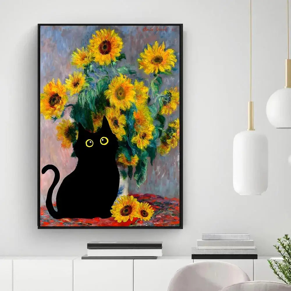 Black cat sunflower canvas wall art living room decor