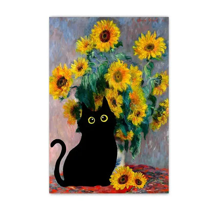 Black cat sunflower canvas wall art living room decor