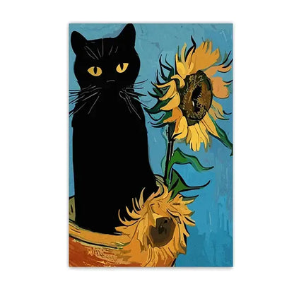 Black cat sunflower canvas wall art living room decor