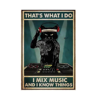 Vintage teal and gold black cat music poster living room wall art