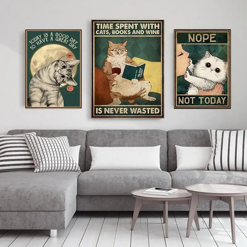 Vintage teal and gold black cat music poster living room wall art