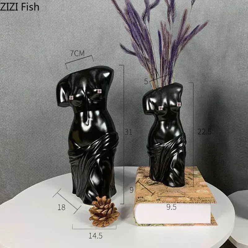 Black ceramic female body figurine bust vase living room decor