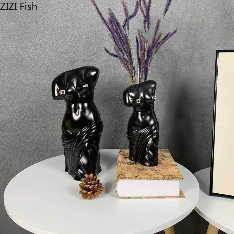 Black ceramic female body figurine bust vase living room decor