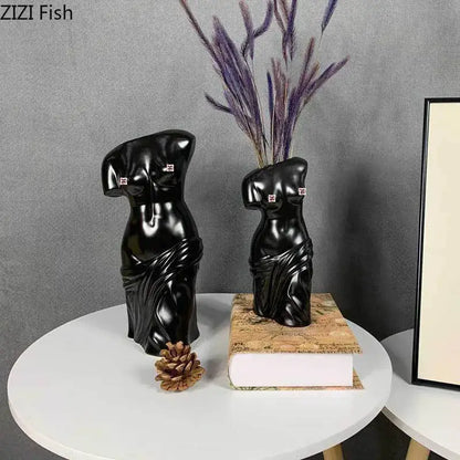 Black ceramic female body figurine bust vase living room decor