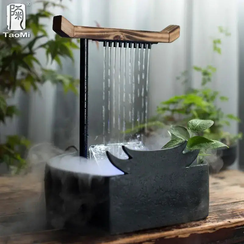Black ceramic water fountain with wood roof living room decor