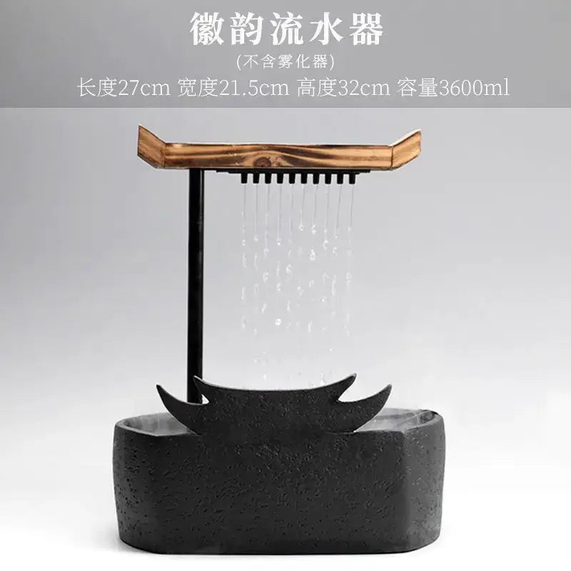 Black ceramic water fountain with wood roof living room decor