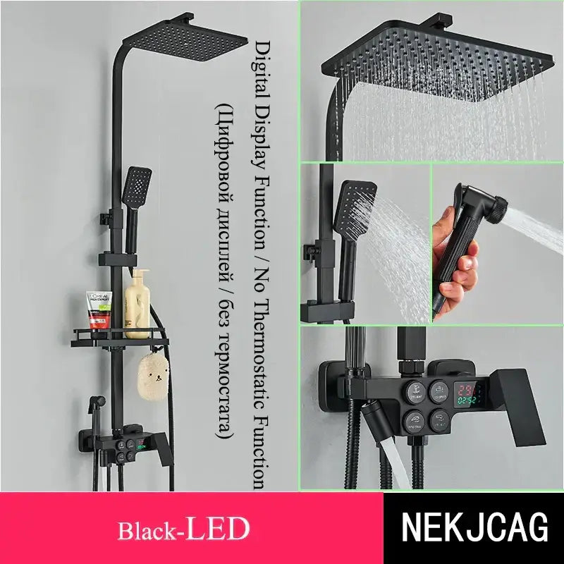 Black & chrome digital display thermostatic shower set bathroom system