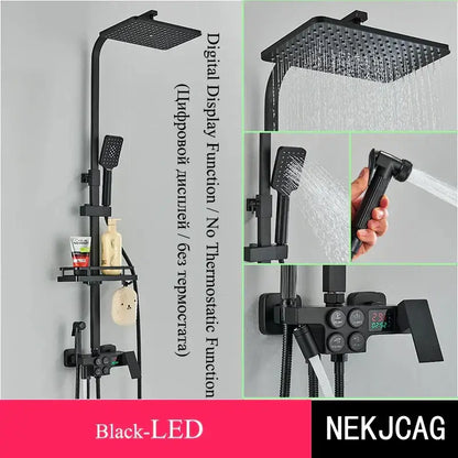 Black & chrome digital display thermostatic shower set bathroom system