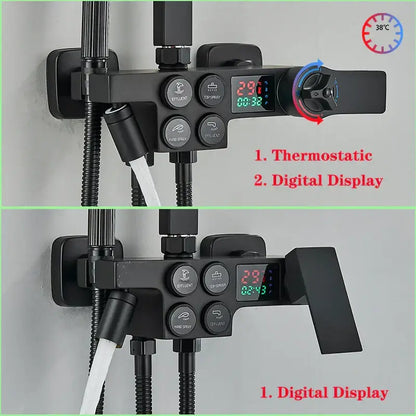 Black & chrome digital display thermostatic shower set bathroom system