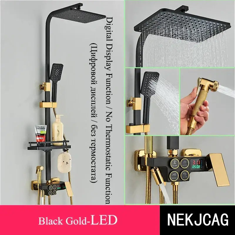 Black & chrome digital display thermostatic shower set bathroom system