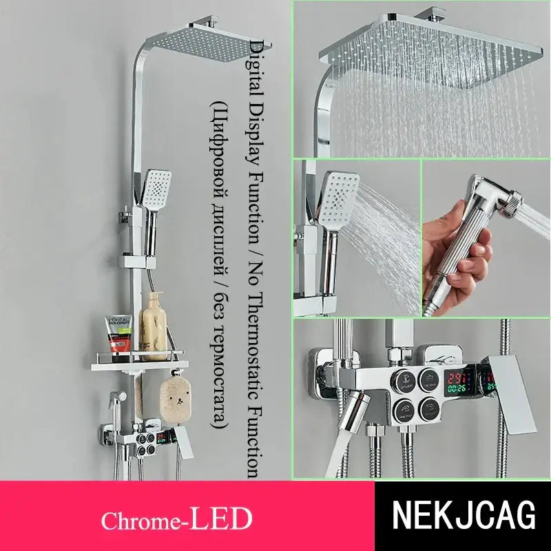 Black & chrome digital display thermostatic shower set bathroom system