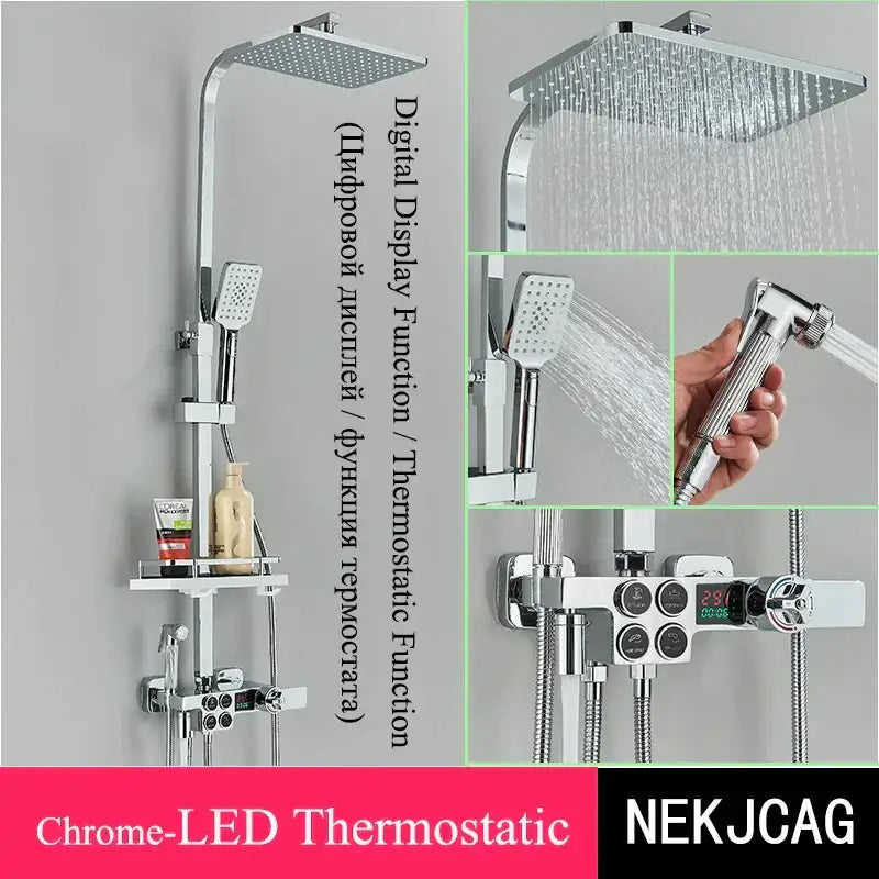 Black & chrome digital display thermostatic shower set bathroom system