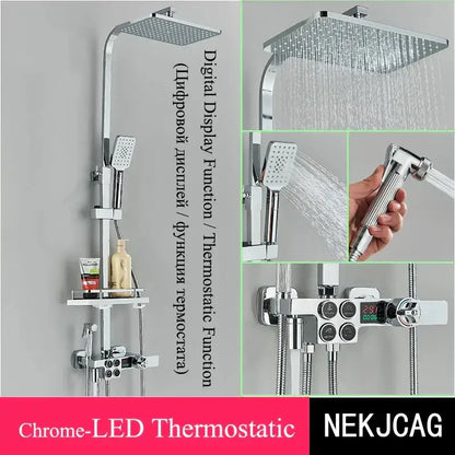 Black & chrome digital display thermostatic shower set bathroom system