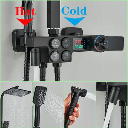Black & chrome digital display thermostatic shower set bathroom system