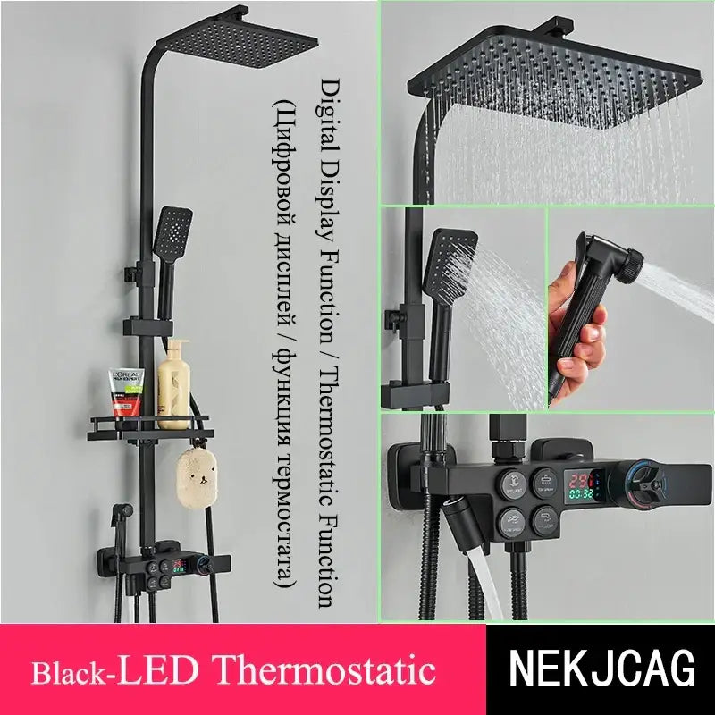 Black & chrome digital display thermostatic shower set bathroom system