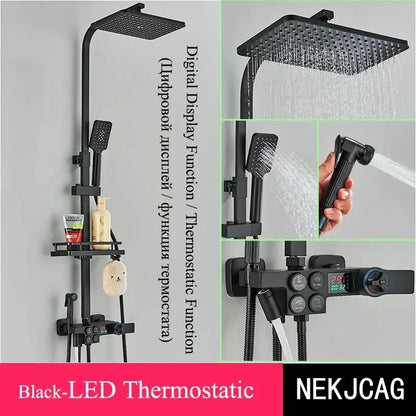 Black & chrome digital display thermostatic shower set bathroom system