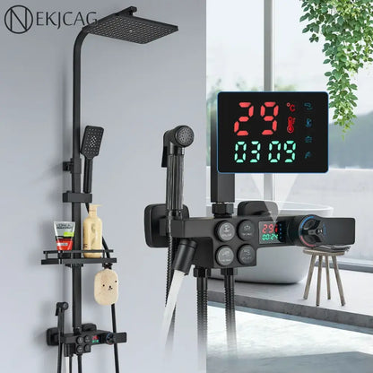 Black & chrome digital display thermostatic shower set bathroom system