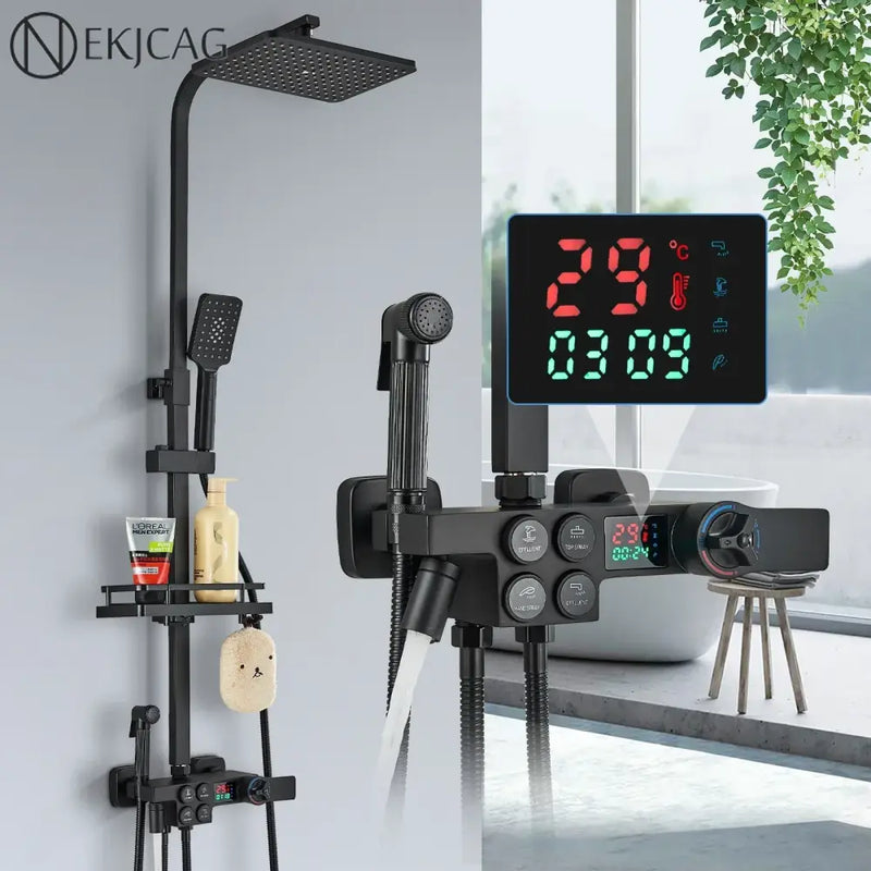 Black & chrome digital display thermostatic shower set bathroom system